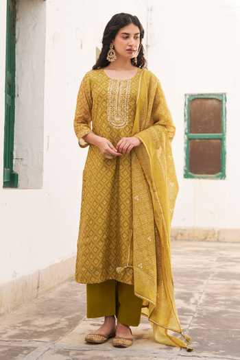 Karaj Jaipur_Mustard Chanderi, Cotton Round Neck Printed Kurta Set _at_Aza_Fashions