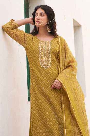 Buy_Karaj Jaipur_Mustard Chanderi, Cotton Round Neck Printed Kurta Set 