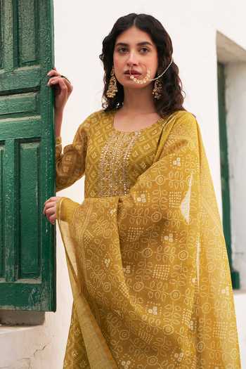Shop_Karaj Jaipur_Mustard Chanderi, Cotton Round Neck Printed Kurta Set 