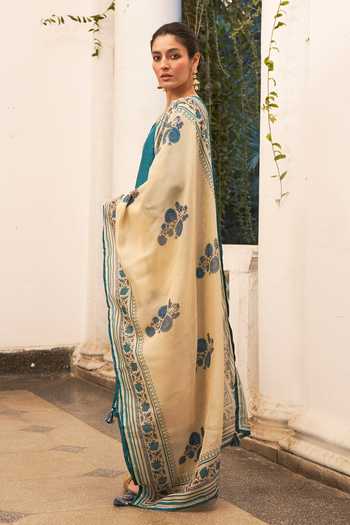 Karaj Jaipur Teal Chanderi, Cotton V-neck Printed Dupatta And Kurta Set Online at Aza Fashions Karaj Jaipur_Teal Chanderi, Cotton V-neck Printed Dupatta And Kurta Set _Online_at_Aza_Fashions