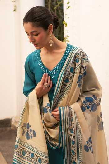 Shop Karaj Jaipur Teal Chanderi, Cotton V-neck Printed Dupatta And Kurta Set Online at Aza Fashions Shop_Karaj Jaipur_Teal Chanderi, Cotton V-neck Printed Dupatta And Kurta Set _Online_at_Aza_Fashions