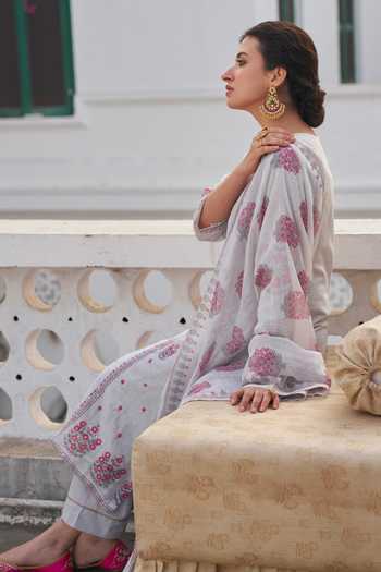 Buy_Karaj Jaipur_Grey Linen, Cotton Split V-neck Floral Print Kurta Set _Online_at_Aza_Fashions