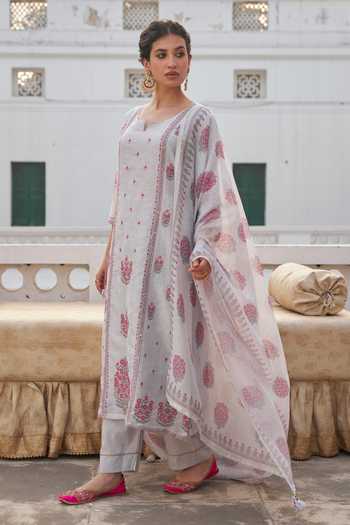 Karaj Jaipur_Grey Linen, Cotton Split V-neck Floral Print Kurta Set _at_Aza_Fashions