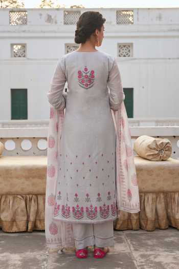 Karaj Jaipur Linen Floral Print Kurta Set 