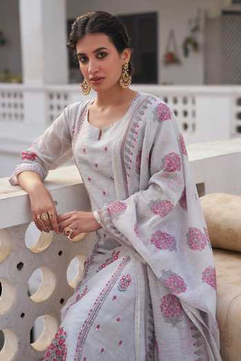 Buy_Karaj Jaipur_Grey Linen, Cotton Split V-neck Floral Print Kurta Set 