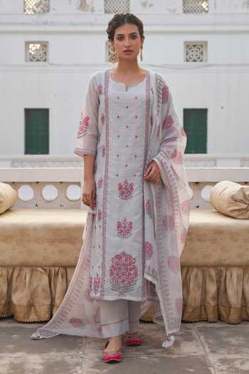 Karaj Jaipur Linen Floral Print Kurta Set 