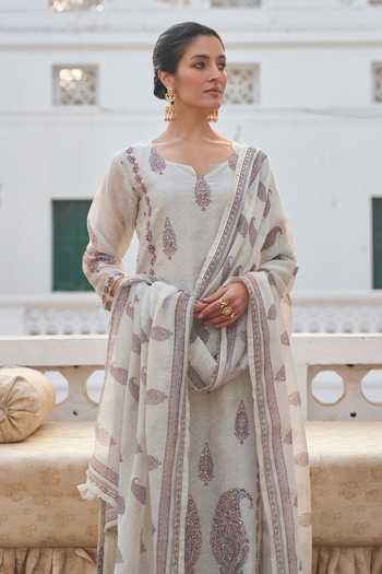 Shop_Karaj Jaipur_Grey Linen, Cotton Split V-neck, Yes Floral Print Kurta Set _Online_at_Aza_Fashions
