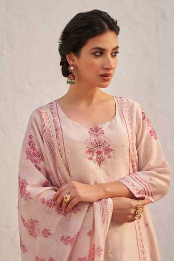 Shop_Karaj Jaipur_Pink Linen, Cotton Round Neck Flower Print Kurta Set _Online_at_Aza_Fashions