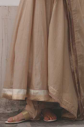 Karaj Jaipur_Beige Chanderi, Shantoon, Cotton Round Neck Hand Embroidered Anarkali Set _Online_at_Aza_Fashions