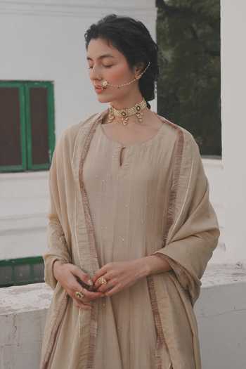 Buy_Karaj Jaipur_Beige Chanderi, Shantoon, Cotton Round Neck Hand Embroidered Anarkali Set _Online_at_Aza_Fashions