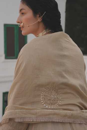 Karaj Jaipur_Beige Chanderi, Shantoon, Cotton Round Neck Hand Embroidered Anarkali Set _at_Aza_Fashions