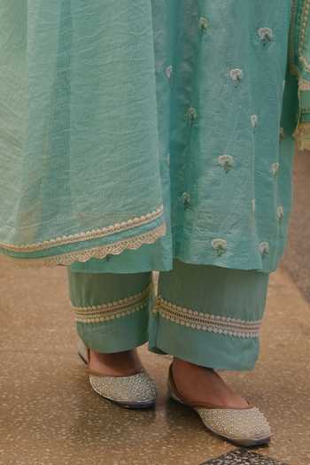 Shop_Karaj Jaipur_Blue Chanderi, Shantoon V-neck Embroidered Kurta Set _Online_at_Aza_Fashions