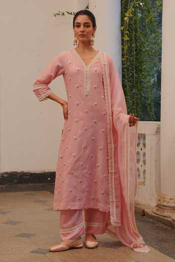 Karaj Jaipur Floral Embroidered Kurta Set 