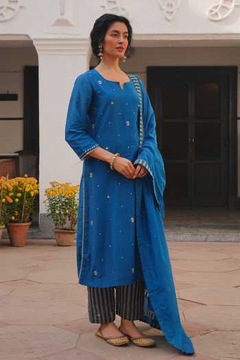 Buy_Karaj Jaipur_Blue Chanderi, Shantoon Round Neck Embroidered Straight Kurta Set _Online_at_Aza_Fashions