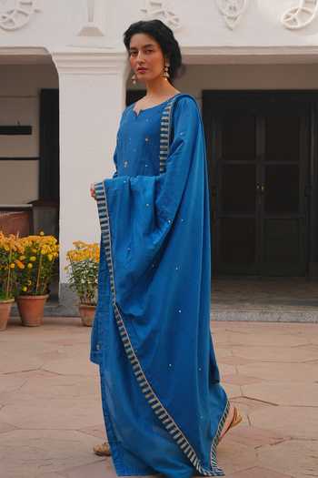 Shop_Karaj Jaipur_Blue Chanderi, Shantoon Round Neck Embroidered Straight Kurta Set _Online_at_Aza_Fashions