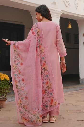 Karaj Jaipur Straight Kurta Set With Floral Print Dupatta 