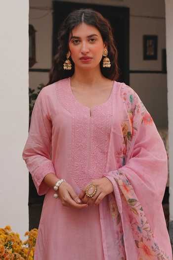 Shop_Karaj Jaipur_Pink Chanderi, Shantoon Round Neck Straight Kurta Set With Floral Print Dupatta _Online_at_Aza_Fashions