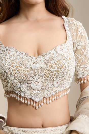 Chaashni By Maansi And Ketan_Beige Net Sweetheart Neck Beaded Jaal Embellished Bridal Lehenga Set _at_Aza_Fashions