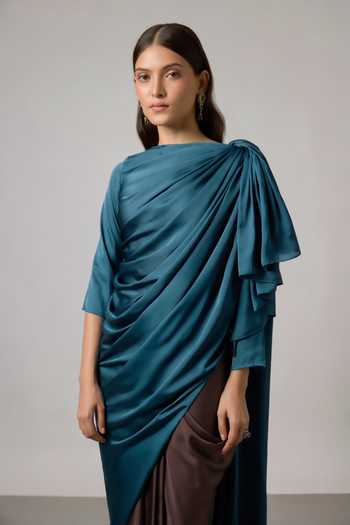 NA-KA_Teal Satin Boat Neck Draped Top And Pleated Skirt Set _Online_at_Aza_Fashions