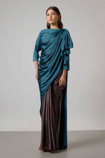 Buy_NA-KA_Teal Satin Boat Neck Draped Top And Pleated Skirt Set _Online_at_Aza_Fashions