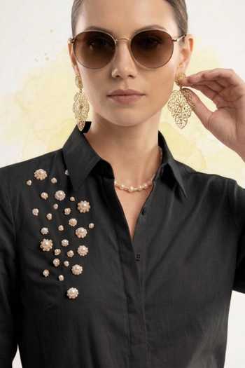 Buy_The Pretty Things by Priyanka B. Sahani_Black Cotton Collared Pearl Embellished Shirt With Shorts _Online_at_Aza_Fashions