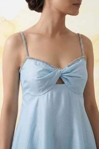 The Pretty Things by Priyanka B. Sahani_Blue Chanderi Silk Sweetheart Neck Stone Embellished Pure Maxi Dress _Online_at_Aza_Fashions