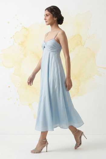 Shop_The Pretty Things by Priyanka B. Sahani_Blue Chanderi Silk Sweetheart Neck Stone Embellished Pure Maxi Dress _Online_at_Aza_Fashions
