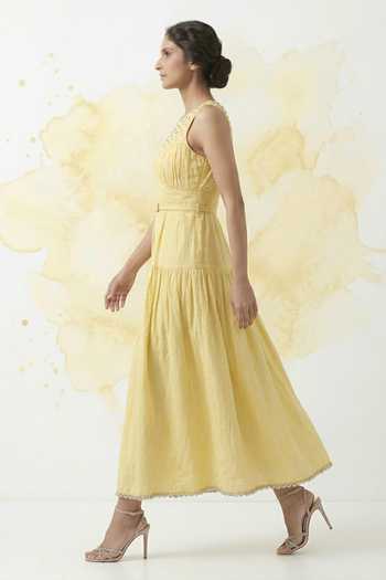 The Pretty Things by Priyanka B. Sahani_Yellow Cotton Scoop Neck Hand Embroidered Bodice Dress _Online_at_Aza_Fashions