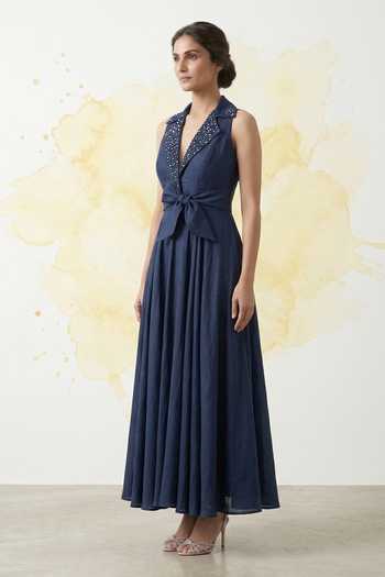Buy_The Pretty Things by Priyanka B. Sahani_Navy Cotton V-neck, Collared Hand Embroidered Dress _Online_at_Aza_Fashions