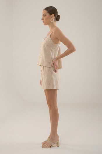 The Pretty Things by Priyanka B. Sahani_Beige Cotton V-neck Hand Embroidered Top With Shorts _Online_at_Aza_Fashions