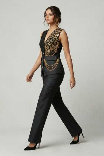 The Pretty Things by Priyanka B. Sahani_Black Crepe V-neck Metallic Charm Embellished Waistcoat With Trouser _Online_at_Aza_Fashions