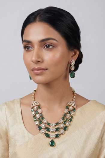 Zevar By Geeta_Green Layered Necklace And Earrings Set _Online_at_Aza_Fashions