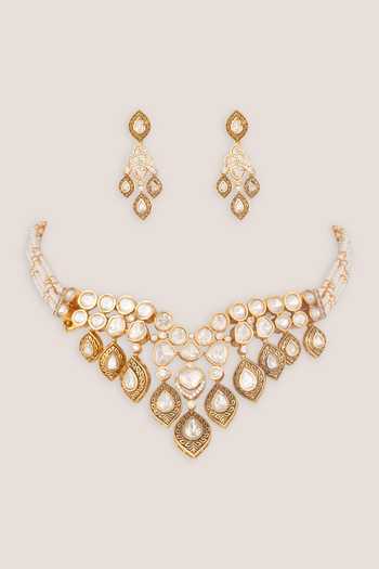 Shop Zevar By Geeta Gold Plated Teardrop Necklace And Earrings Set at Aza Fashions Shop_Zevar By Geeta_Gold Plated Teardrop Necklace And Earrings Set _at_Aza_Fashions