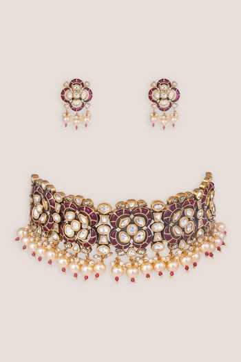 Zevar By Geeta Kundan Red Stone Necklace & Earrings Set