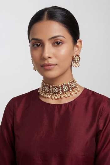 Zevar By Geeta Kundan Red Stone Necklace & Earrings Set