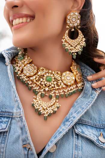 Zevar By Geeta_Green Kundan Necklace And Earrings Set _Online_at_Aza_Fashions