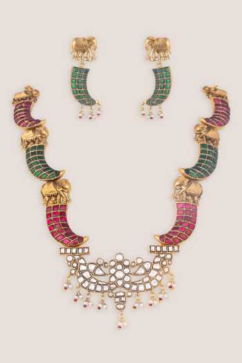 Zevar By Geeta Kundan Polki Necklace & Earrings Set 