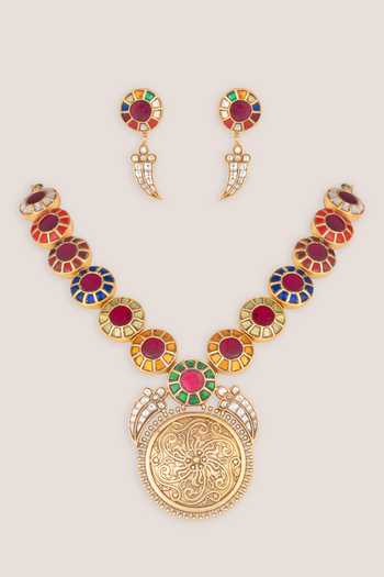 Zevar By Geeta Traditional Kundan Polki Necklace & Earrings Set 