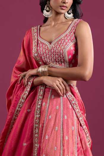 Buy_Samyukta Singhania_Pink Tissue Sweetheart Neck Sequins Embroidered Lehenga Set With Dupatta _Online_at_Aza_Fashions