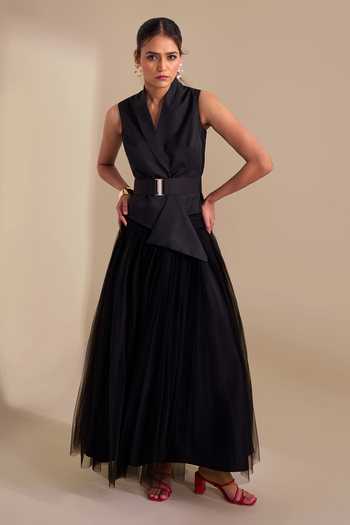 Buy_Naintara Bajaj_Black Lycra, Net Shawl Neck Structured Waistcoat And Skirt Set _Online_at_Aza_Fashions