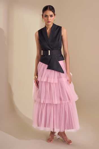 Naintara Bajaj_Black Lycra, Net V-neck Structured Waistcoat And Layered Skirt Set _Online_at_Aza_Fashions