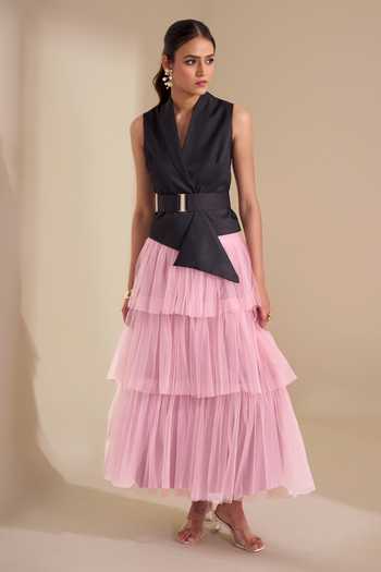 Buy_Naintara Bajaj_Black Lycra, Net V-neck Structured Waistcoat And Layered Skirt Set _Online_at_Aza_Fashions