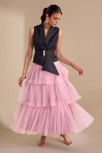 Shop_Naintara Bajaj_Black Lycra, Net V-neck Structured Waistcoat And Layered Skirt Set _Online_at_Aza_Fashions