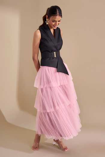Naintara Bajaj_Black Lycra, Net V-neck Structured Waistcoat And Layered Skirt Set _at_Aza_Fashions
