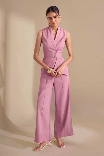Buy_Naintara Bajaj_Pink Lycra V-neck Structured Asymmetric Waistcoat And Trouser Set _Online_at_Aza_Fashions