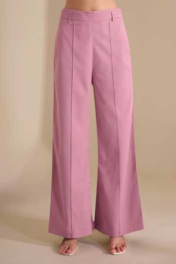Shop_Naintara Bajaj_Pink Lycra V-neck Structured Asymmetric Waistcoat And Trouser Set _Online_at_Aza_Fashions