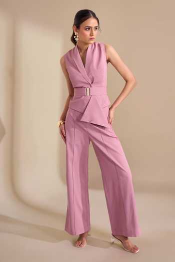 Naintara Bajaj_Pink Lycra V-neck Structured Asymmetric Waistcoat And Trouser Set _at_Aza_Fashions