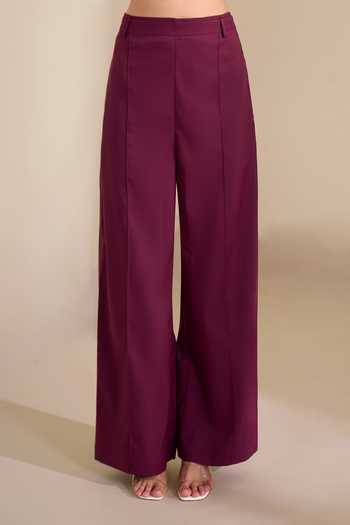 Buy_Naintara Bajaj_Wine Lycra Shawl Neck Structured Asymmetric Waistcoat And Trouser Set _Online_at_Aza_Fashions