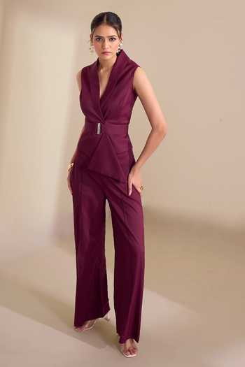 Shop_Naintara Bajaj_Wine Lycra Shawl Neck Structured Asymmetric Waistcoat And Trouser Set _Online_at_Aza_Fashions