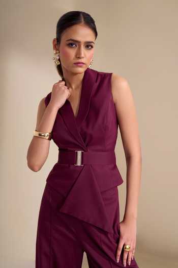 Naintara Bajaj_Wine Lycra Shawl Neck Structured Asymmetric Waistcoat And Trouser Set _at_Aza_Fashions